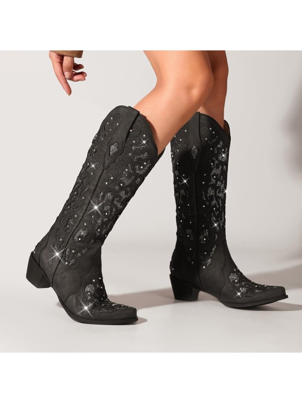 Women's Black Mid Calf Cowgirl Boot Rhinestone Comfortable Chunky Heel Western - Picture 2 of 5